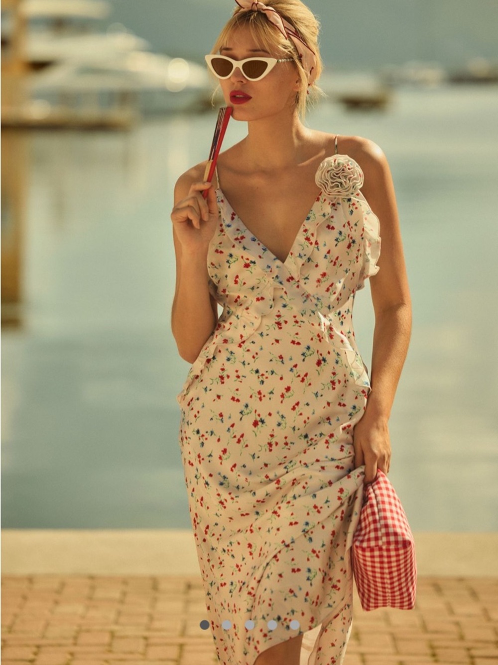 Anthropologie Bardot Cream Midi Dress with Red & Blue Floral Print